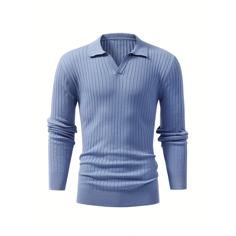 Chic Ribbed Knit Shirt, Men's Casual Lapel High Stretch V-Neck Pullover Sweater For Men Winter Fall