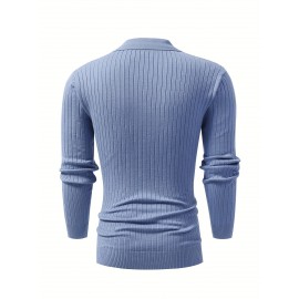 Chic Ribbed Knit Shirt, Men's Casual Lapel High Stretch V-Neck Pullover Sweater For Men Winter Fall