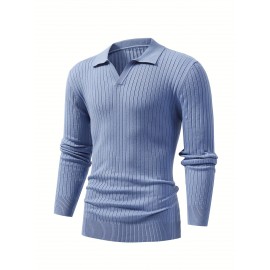 Chic Ribbed Knit Shirt, Men's Casual Lapel High Stretch V-Neck Pullover Sweater For Men Winter Fall