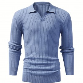 Chic Ribbed Knit Shirt, Men's Casual Lapel High Stretch V-Neck Pullover Sweater For Men Winter Fall