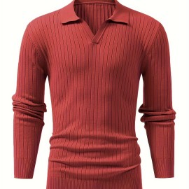 Chic Ribbed Knit Shirt, Men's Casual Lapel High Stretch V-Neck Pullover Sweater For Men Winter Fall