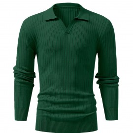 Chic Ribbed Knit Shirt, Men's Casual Lapel High Stretch V-Neck Pullover Sweater For Men Winter Fall