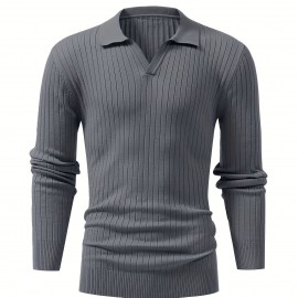 Chic Ribbed Knit Shirt, Men's Casual Lapel High Stretch V-Neck Pullover Sweater For Men Winter Fall