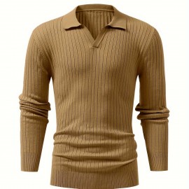 Chic Ribbed Knit Shirt, Men's Casual Lapel High Stretch V-Neck Pullover Sweater For Men Winter Fall