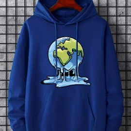 Cartoon Melting Earth Print Hoodie, Hoodies For Men, Men's Casual Graphic Design Pullover Hooded Sweatshirt With Kangaroo Pocket Streetwear For Winter Fall, As Gifts