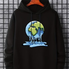 Cartoon Melting Earth Print Hoodie, Hoodies For Men, Men's Casual Graphic Design Pullover Hooded Sweatshirt With Kangaroo Pocket Streetwear For Winter Fall, As Gifts