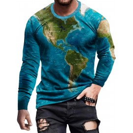 Men's Global Map Print Long Sleeve T-shirt, Casual Sports Tops