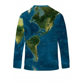 Men's Global Map Print Long Sleeve T-shirt, Casual Sports Tops