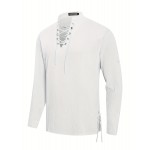 Men's Fashionable Mid-century Long Sleeve Drawstring V Neck Cotton Shirt, Suitable For Dates And Vacations