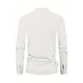 Men's Fashionable Mid-century Long Sleeve Drawstring V Neck Cotton Shirt, Suitable For Dates And Vacations