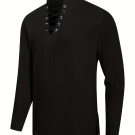 Men's Fashionable Mid-century Long Sleeve Drawstring V Neck Cotton Shirt, Suitable For Dates And Vacations