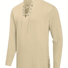 Men's Fashionable Mid-century Long Sleeve Drawstring V Neck Cotton Shirt, Suitable For Dates And Vacations