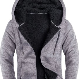 Warm Thick Fleece Lined Coat Solid Color Men's Hooded Jacket Fleece Lined Casual Long Sleeve Sherpa Lined Hoodies With Zipper Hooded Coat For Autumn Winter