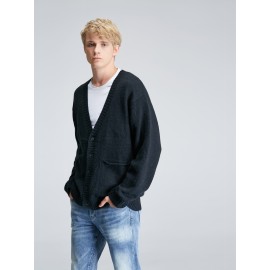 Elegant Solid Slightly Stretch Cardigan Vest, Men's Casual Vintage Style V Neck Button Up Cardigan Vest For Fall Winter