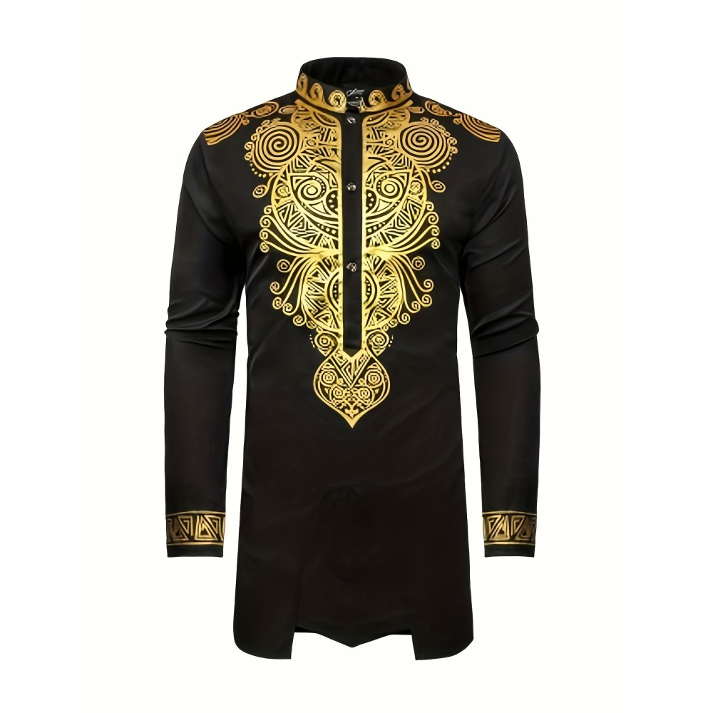 Men's African Traditional Luxury Pattern Printed Button Long Sleeve Dashiki Shirt Hiphop Rapper Streetwear