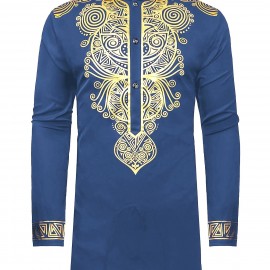 Men's African Traditional Luxury Pattern Printed Button Long Sleeve Dashiki Shirt Hiphop Rapper Streetwear