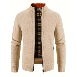 Warm Stand Collar Jacket, Men's Casual Comfortable Zip Up Zipper Pockets Knitted Cardigan For Fall Winter