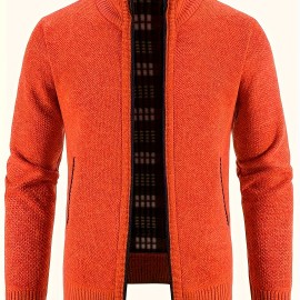 Warm Stand Collar Jacket, Men's Casual Comfortable Zip Up Zipper Pockets Knitted Cardigan For Fall Winter