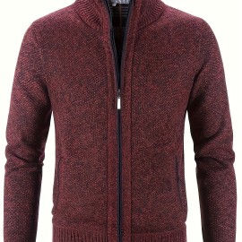 Warm Stand Collar Jacket, Men's Casual Comfortable Zip Up Zipper Pockets Knitted Cardigan For Fall Winter