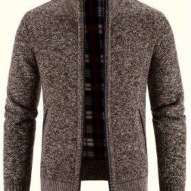 Warm Stand Collar Jacket, Men's Casual Comfortable Zip Up Zipper Pockets Knitted Cardigan For Fall Winter