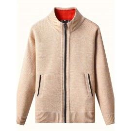 Warm Stand Collar Jacket, Men's Casual Comfortable Zip Up Zipper Pockets Knitted Cardigan For Fall Winter