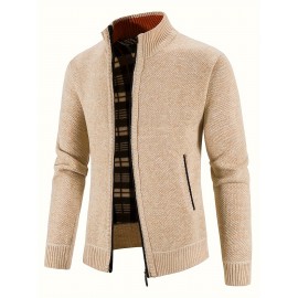 Warm Stand Collar Jacket, Men's Casual Comfortable Zip Up Zipper Pockets Knitted Cardigan For Fall Winter