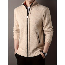 Warm Stand Collar Jacket, Men's Casual Comfortable Zip Up Zipper Pockets Knitted Cardigan For Fall Winter