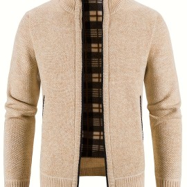 Warm Stand Collar Jacket, Men's Casual Comfortable Zip Up Zipper Pockets Knitted Cardigan For Fall Winter