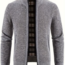 Warm Stand Collar Jacket, Men's Casual Comfortable Zip Up Zipper Pockets Knitted Cardigan For Fall Winter