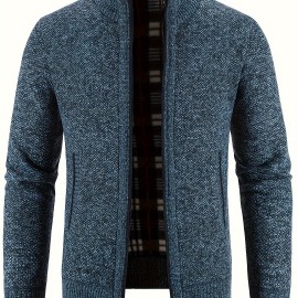 Warm Stand Collar Jacket, Men's Casual Comfortable Zip Up Zipper Pockets Knitted Cardigan For Fall Winter