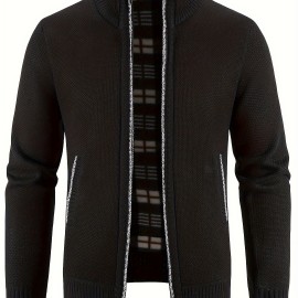 Warm Stand Collar Jacket, Men's Casual Comfortable Zip Up Zipper Pockets Knitted Cardigan For Fall Winter