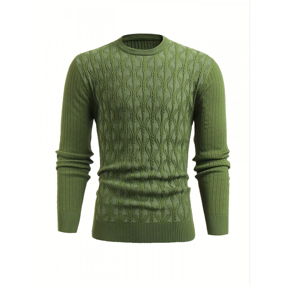 All Match Retro Knitted Cable Sweater, Men's Casual Warm High Stretch Crew Neck Pullover Sweater For Men Fall Winter