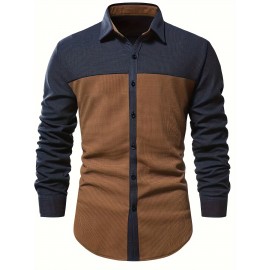 Waffle Pattern Men's Shirt Top Turn-Down Collar Long Sleeve Color Block Closure Male Casual Shirt For Men Daily Vacation Streetwear