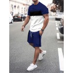 2Pcs Color Block Outfits For Men, Casual Crew Neck Short Sleeve T-shirt And Drawstring Shorts Set For Summer, Men's Clothing Loungewear Vacation Workout