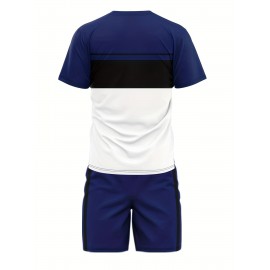 2Pcs Color Block Outfits For Men, Casual Crew Neck Short Sleeve T-shirt And Drawstring Shorts Set For Summer, Men's Clothing Loungewear Vacation Workout