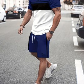 2Pcs Color Block Outfits For Men, Casual Crew Neck Short Sleeve T-shirt And Drawstring Shorts Set For Summer, Men's Clothing Loungewear Vacation Workout