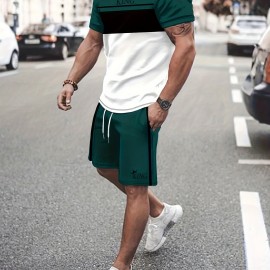 2Pcs Color Block Outfits For Men, Casual Crew Neck Short Sleeve T-shirt And Drawstring Shorts Set For Summer, Men's Clothing Loungewear Vacation Workout