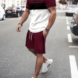 2Pcs Color Block Outfits For Men, Casual Crew Neck Short Sleeve T-shirt And Drawstring Shorts Set For Summer, Men's Clothing Loungewear Vacation Workout