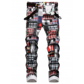 Palid Patchwork Pattern Slim Fit Jeans, Men's Casual Street Style Slightly Stretch Denim Pants For Spring Summer Party