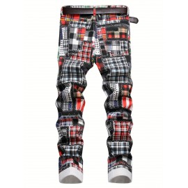 Palid Patchwork Pattern Slim Fit Jeans, Men's Casual Street Style Slightly Stretch Denim Pants For Spring Summer Party