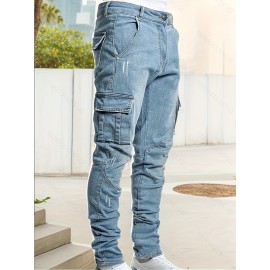 Men's Casual Flap Pocket Skinny Jeans, Chic Street Style Medium Stretch Denim Pants