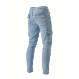 Men's Casual Flap Pocket Skinny Jeans, Chic Street Style Medium Stretch Denim Pants