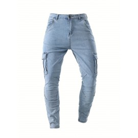 Men's Casual Flap Pocket Skinny Jeans, Chic Street Style Medium Stretch Denim Pants