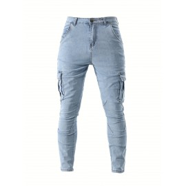 Men's Casual Flap Pocket Skinny Jeans, Chic Street Style Medium Stretch Denim Pants