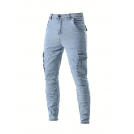 Men's Casual Flap Pocket Skinny Jeans, Chic Street Style Medium Stretch Denim Pants