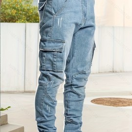 Men's Casual Flap Pocket Skinny Jeans, Chic Street Style Medium Stretch Denim Pants