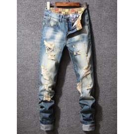 Vintage Style Ripped Jeans, Men's Casual Street Style Jeans