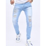 Retro Distressed Knee Ripped Jeans Slim Small Feet Light Blue Cotton Jeans