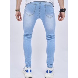 Retro Distressed Knee Ripped Jeans Slim Small Feet Light Blue Cotton Jeans