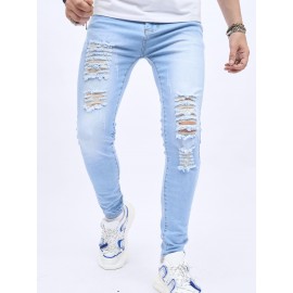 Retro Distressed Knee Ripped Jeans Slim Small Feet Light Blue Cotton Jeans